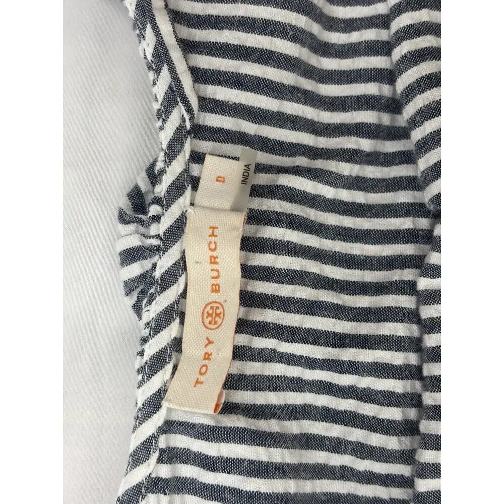 Tory Burch Eyelet Embroidered Seersucker Stripe Ruffles Midi Dress 0 $548